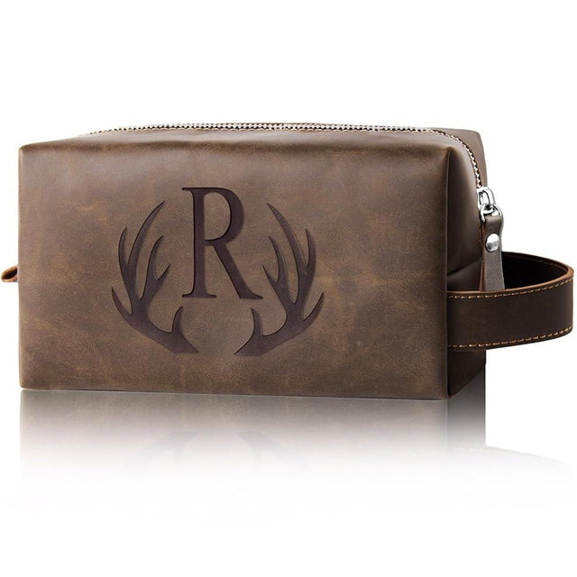 Aganmi Unique Mens Toiletry Travel Bag Monogrammed Initial PU Leather Waterproof Shaving Bag for Toiletries Accessories Personalized Retirement Anniversary Thank You Gifts for Men Husband Him (R)