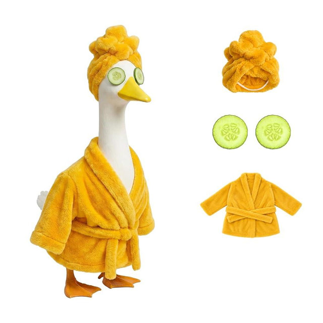 GSPIM Yellow Spa Robe Porch Goose Outfits for 23" Goose Statue Summer Relaxing Home Patio Decor with Bath Robe Turban Head Wrap and Cucumber Eye Patches (Yellow Bathrobe)