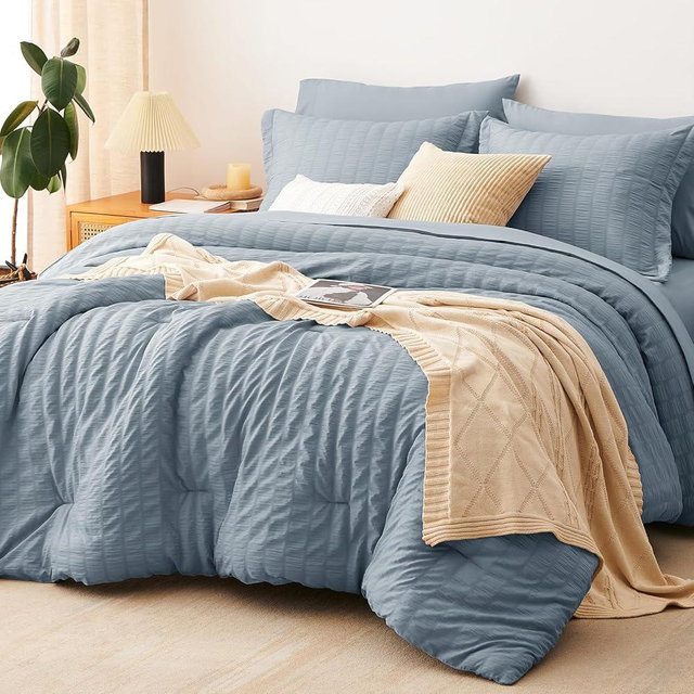 CozyLux Grayish Blue Queen Comforter Set Seersucker 7 Pieces Dusty Blue Bed in a Bag Queen Comforter Set with Sheets, Luxury Bedding Set with Down Alternative Comforter, Sheets, Pillowcases & Shams