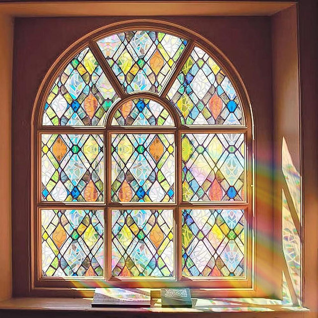 Bectosy Window Privacy Film, Static Cling Stained Glass Window Film Decorative, Non-Adhesive 3D Rainbow Frosting Film Anti-UV for Bathroom Home Door (Colorful, 17.5" x 78.7")