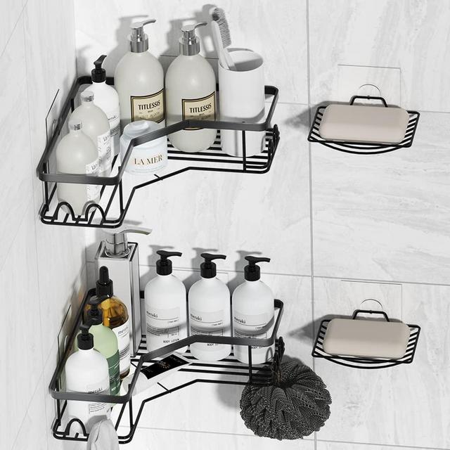 Corner Shower Caddy Shelf Rack with Hooks and Soap Holder, Adhesive No Drilling Wall Mounted Bathroom Shower Organizer, Stainless Steel Rustproof Shower Shelves for Inside Shower, 4 Pack Black