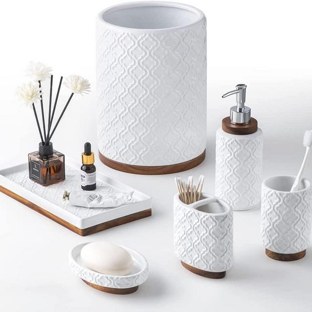 RQYIXI Bathroom Accessories Set 6 Pcs Toothbrush Holder Soap Dispenser Set Ceramic and Wood Bathroom Set Contain Soap Dispenser Toothbrush Holder Tumbler Soap Dish Tray Wastebasket