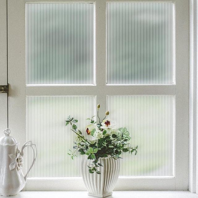VELIMAX Reeded Glass Window Film, Window Privacy Film, Frosted Window Vinyl, 3D Decorative Window Decals Non Adhesive for Bathroom Living Room 17.7x118 inches