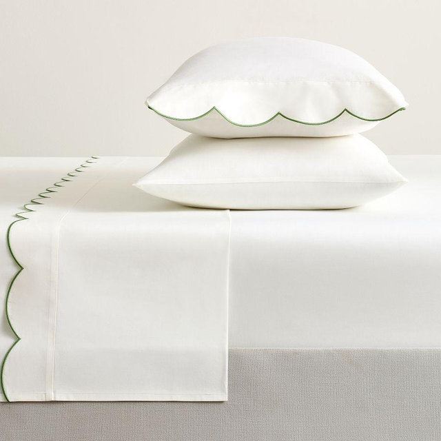 Scalloped Embroidered Sheet Set, White/Green, King