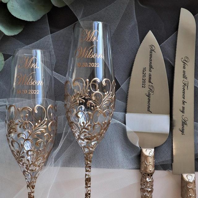 Wedding champagne flutes and cake knife...