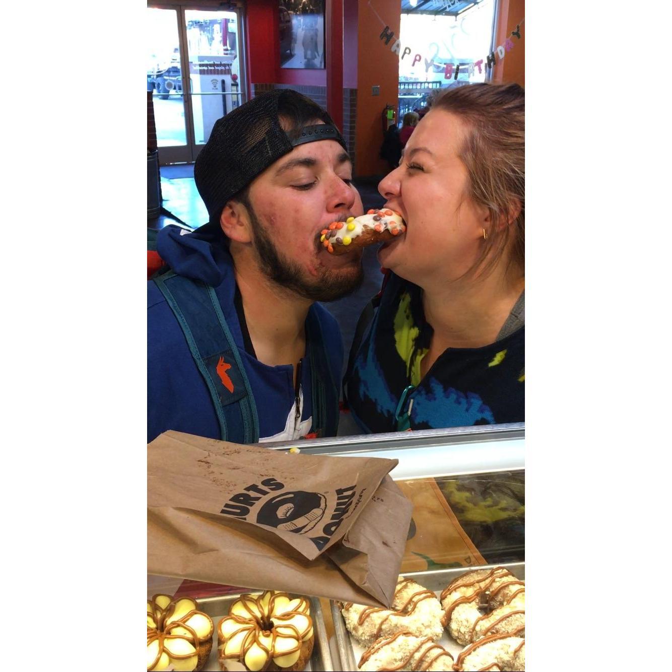 During a scavenger hunt...eat a donut with no hands.