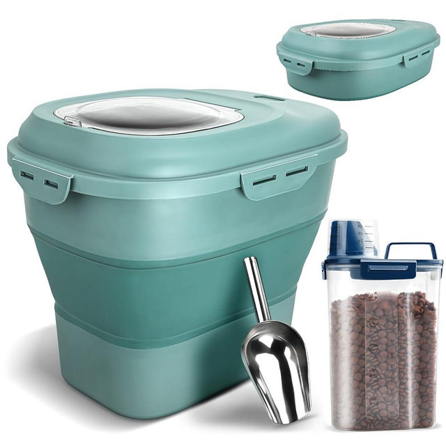 TIOVERY Dog Food Storage Container, Airtight Collapsible 13lb to 30lb Pet Food Container with Flip Top, Rolling Wheel, Scoop and 3L small container for Dog Cat Food and Dry Food of Rice, Flour