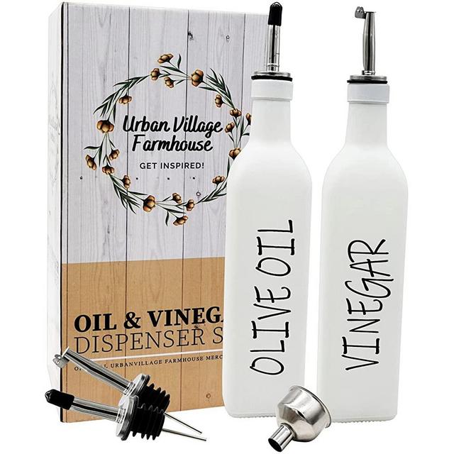 Matte White Oil And Vinegar Dispenser Set by UrbanVillage Farmhouse - 17oz Glass Olive Oil and Vinegar Bottle with Stainless Steel Pourers and Funnel - Premium Quality Oil Dispenser Bottle for Kitchen