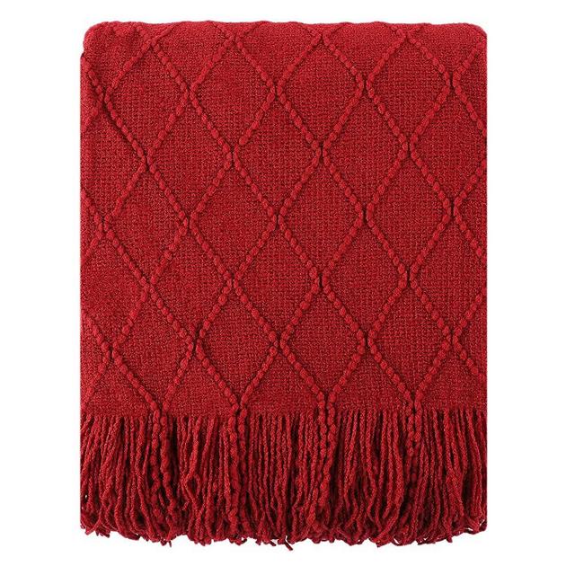 BATTILO HOME Knit Throw Blanket Soft Lightweight Diamond Textured Decorative Blanket with Tassel for Bed, Couch (Red, 50"x60")