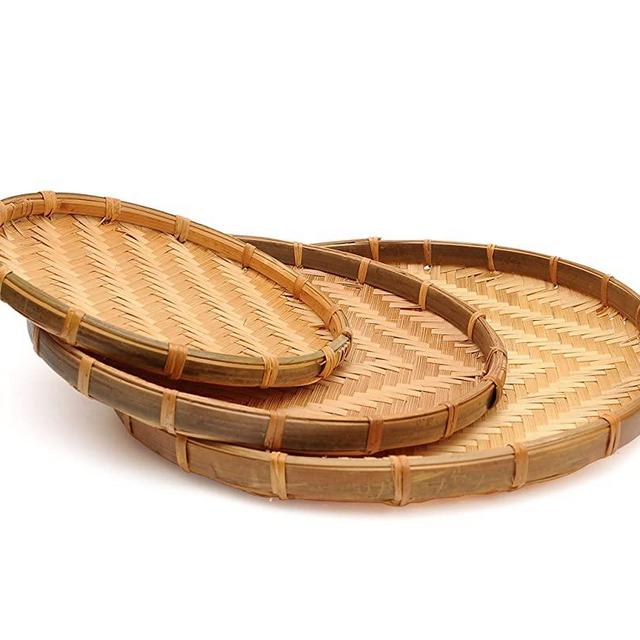 Set of 3 Vietnam Traditional Handmade Round Rattan Wicker Serving Basket Tray