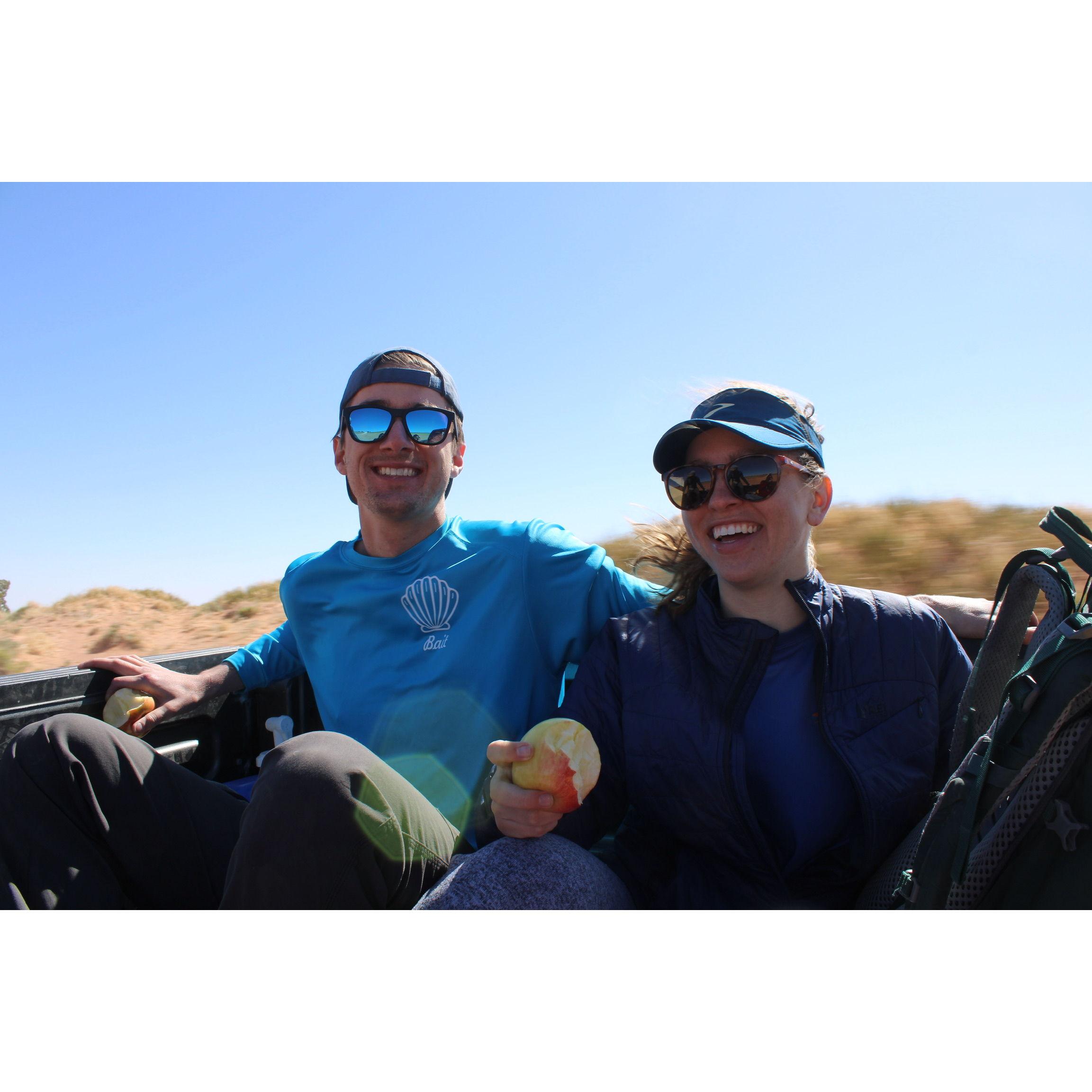 Riding in the back of a truck on the way to our first canyoneering experience in Southern Utah.