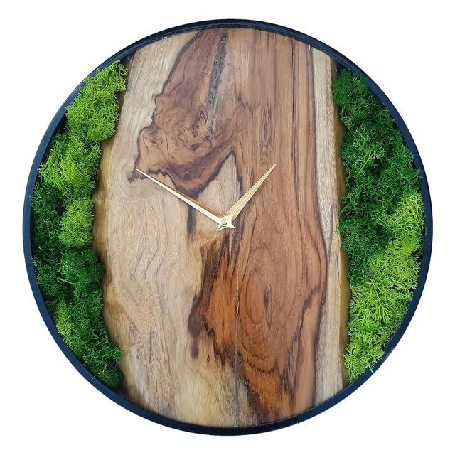 Teak Wood Clock with preserved moss - moos wall art decor Large clocks 15-inch rustic natural wood grain for Room & Home Décor, farmhouse black metal framed, modern wooden decoration living