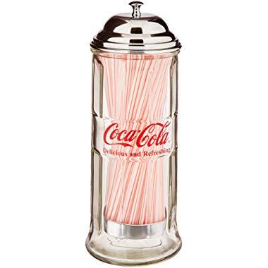 TableCraft's CC322 Coca-Cola Glass Straw Dispenser with Metal Lid