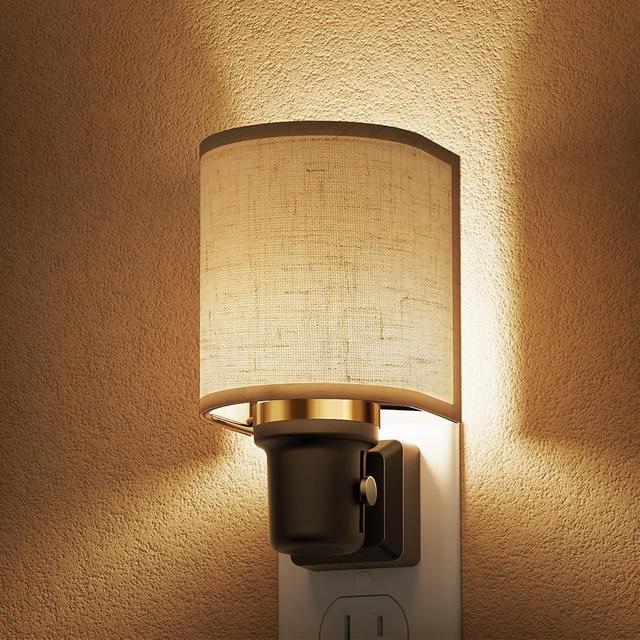 L LOHAS LED Night Lights Plug into Wall, Plug in Night Light Dimmable 100LM, Farmhouse Decorative Nightlights Plug in Wall, Light Sensor, Soft Linen Fabric Nightlight Warm for Bedroom Hallway, 2 Pack