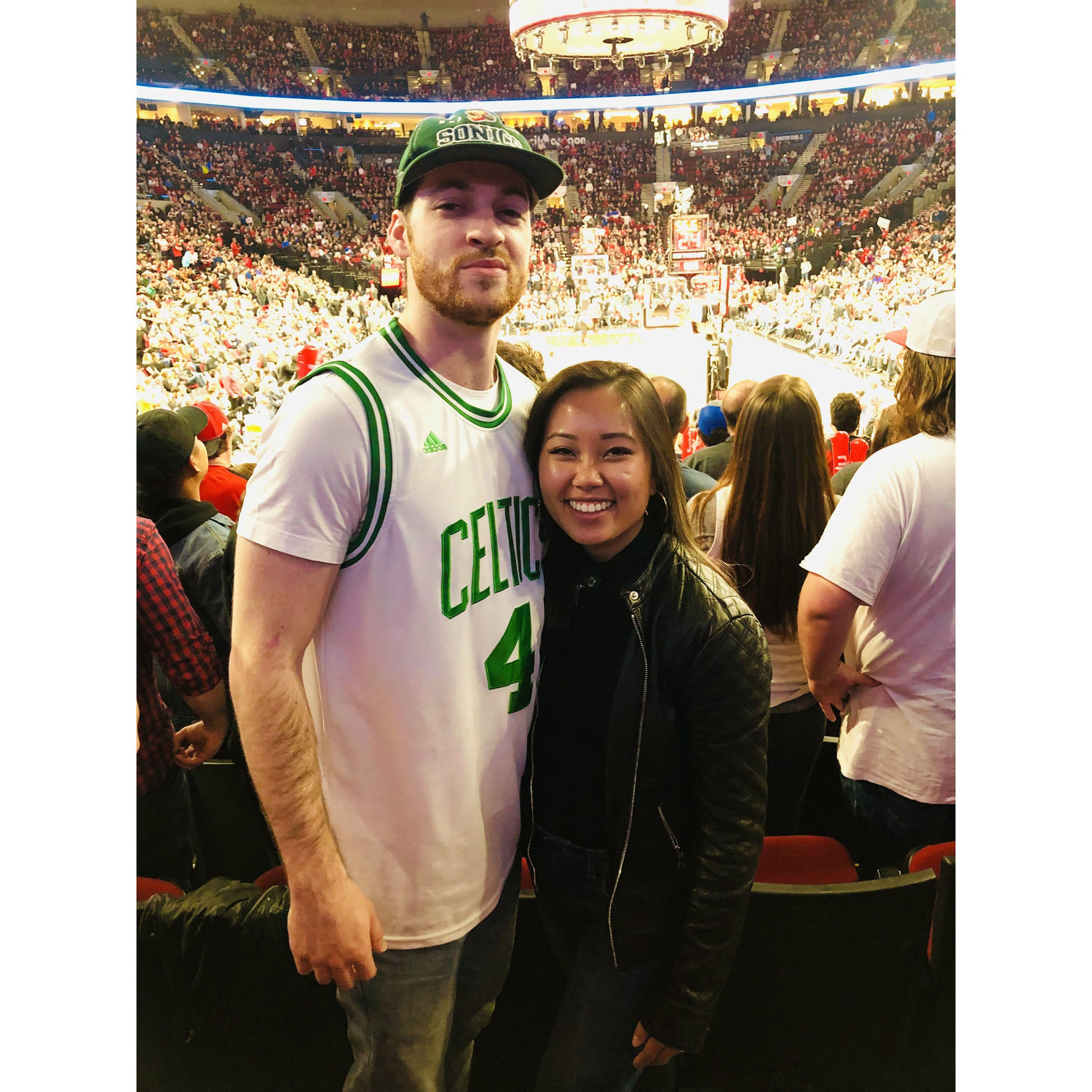 Our first basketball game together — cheering on the Celtics vs. Blazers 🏀.