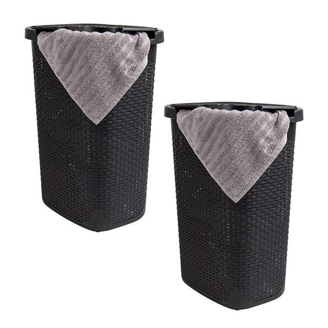 Mind Reader Basket Collection, Slim Laundry Hamper, 60 Liter (15g/33lbs) Capacity, Cut Out Handles, Attached Hinged Lid, Ventilated, Set of 2, Black