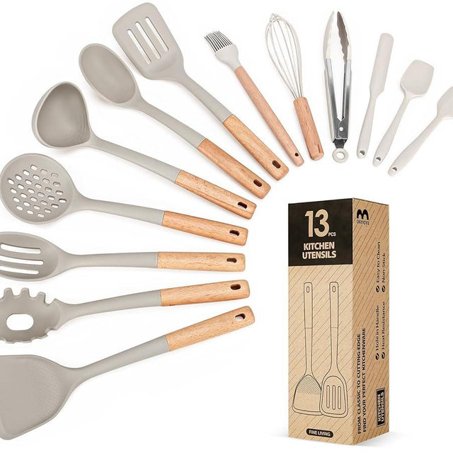 Kitchen Utensils Set, 13PCS Silicone Cooking Utensils, Heat Resistant Kitchen Utensil Spatula Set for Nonstick Cookware, Wooden Handles Kitchen Gadgets Tools Set