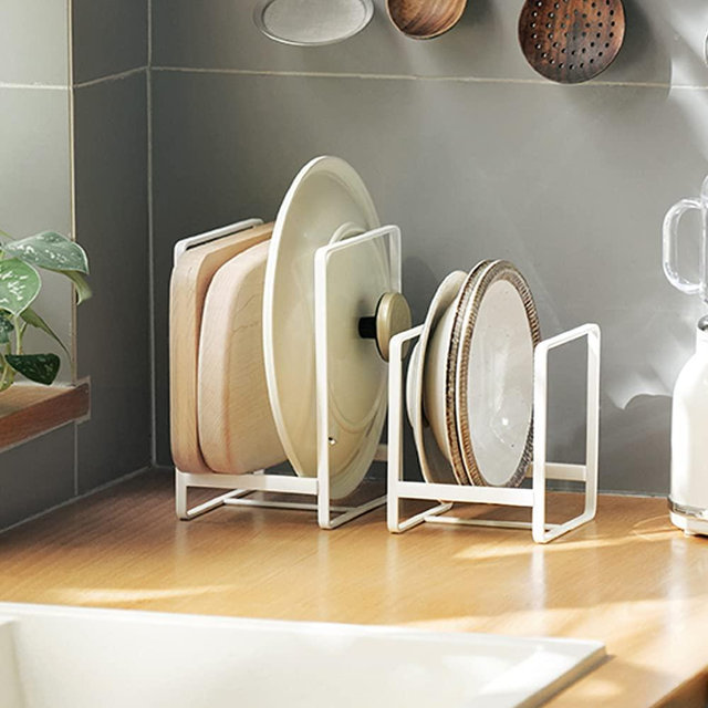 2PCS Plate Holders Organizer, Metal Dish Storage Dying Display Rack for Cabinet, Counter and Cupboard - White， Small and Large