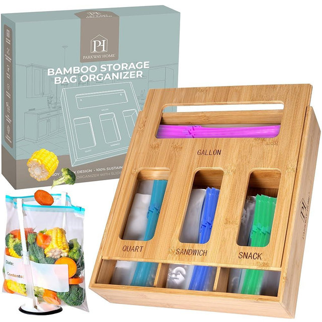 Bamboo Storage Bag Organizer for Drawer With Bag Holder Stand Bag Storage Organizer for Quart Bags Sandwich Bag Organizer, Snack Baggie Organizer Gallon Storage Bags Holder, Storage Bag Holders