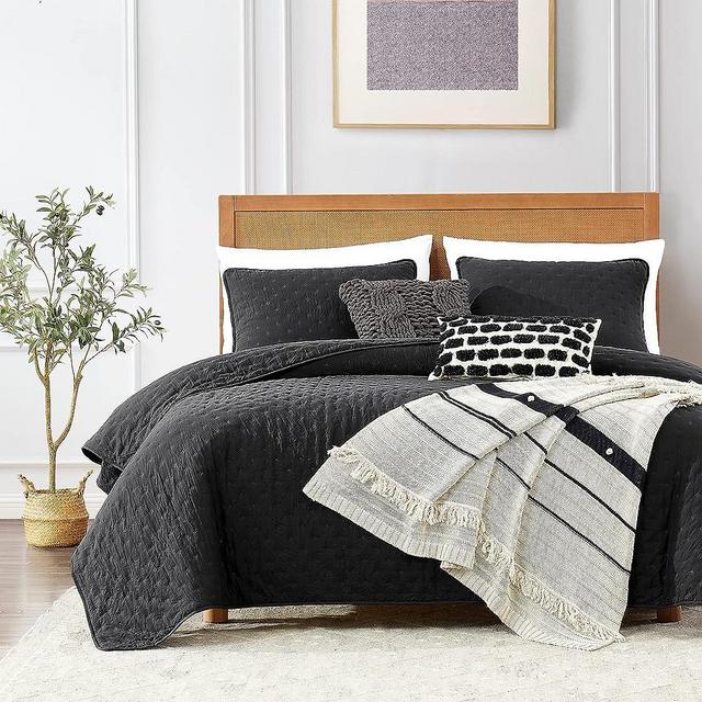 ROARINGWILD Black King Size Quilt Bedding Sets with Pillow Shams, Lightweight Soft Bedspread Coverlet, Quilted Blanket Thin Comforter Bed Cover, All Season Summer Spring, 3 Pieces, 104x90 inches