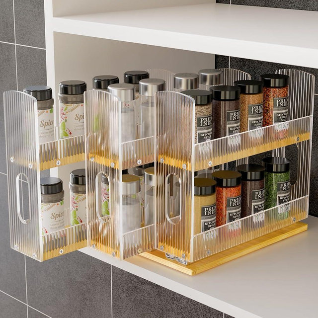 NiHome Bamboo Pull-Out Spice Rack Organizer for Cabinet, 3-Drawer Vertical Slide Out Seasoning Rack Storage Shelf for Kitchen Pantry, Bamboo Frame with Wave-Pattern Acrylic Divider (8.5” Wide, 2-Tier)