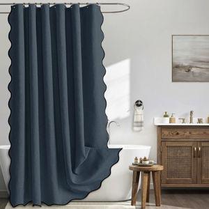MIULEE Navy Blue Scalloped Shower Curtain Linen Textured with 12 Metal Hooks Cute Heavy Duty Washable Waterproof Thick Cloth Shower Curtains with Black Border for Bathroom Hotel Bathtub,W72*L72