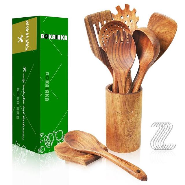 ​9-Piece Wooden Spoons for Cooking-Comfort-Grip Wooden Utensils for Cooking-Smooth Finish Wooden Cooking Utensils with Utensils Holder-Wooden Kitchen Utensil Set with Spoon Rest & Hooks