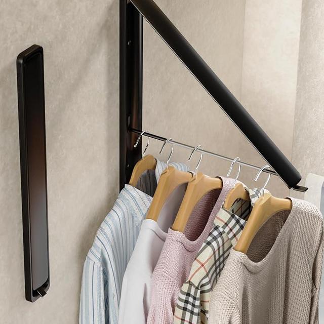 Dr.DJ Clothes Drying Rack Wall Mounted, Retractable & Foldable Clothes Hanger for Laundry Room Organization and Storage, Clothes Hanger Rack for Dorm, Closet, Balcony, Laundry Room(1P, Metal, Black)