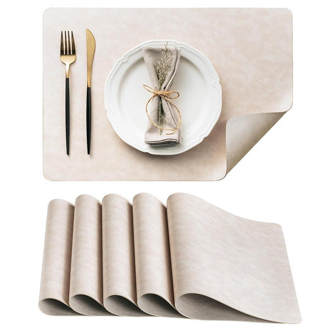 DOLOPL Placemats Set of 6 Reversible Dual-Color Table Placemats – Heat Resistant Wipeable & Washable Place Mats, Luxury Faux Leather Table Mats for Vintage Dining Table Decor (Beige & Light Grey)