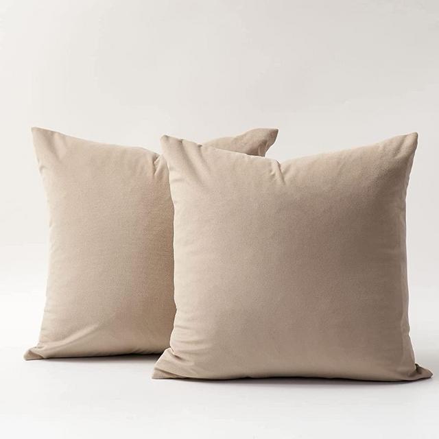 DOMVITUS Velvet Throw Pillow Covers 18x18 Set of 2 Decorative Pillows for Bed Square Couch Pillows for Living Room Soft Accent Pillows Luxury Cushion Case for Sofa, Light Coffee