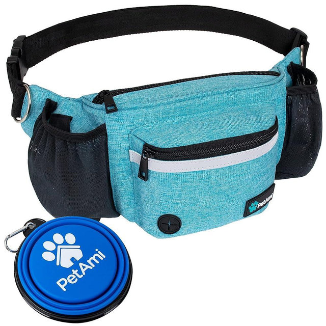 PetAmi Dog Fanny Pack, Treat Pouch for Dog Walking, Training, Built in Poop Bag Dispenser, Water Bottle Holder, Collapsible Bowl, Pet Treat Waist Belt for Hiking, Running, Kibbles (Turquoise)