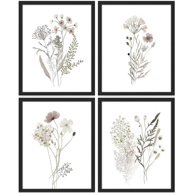 SIGNWIN Framed Winter Autumn Brown Wildflowers Wall Art, Set of 4 Nature Wilderness Wall Decor Prints, Botanical Floral Wall Décor for Living Room, Bedroom - 11"x14" Black
