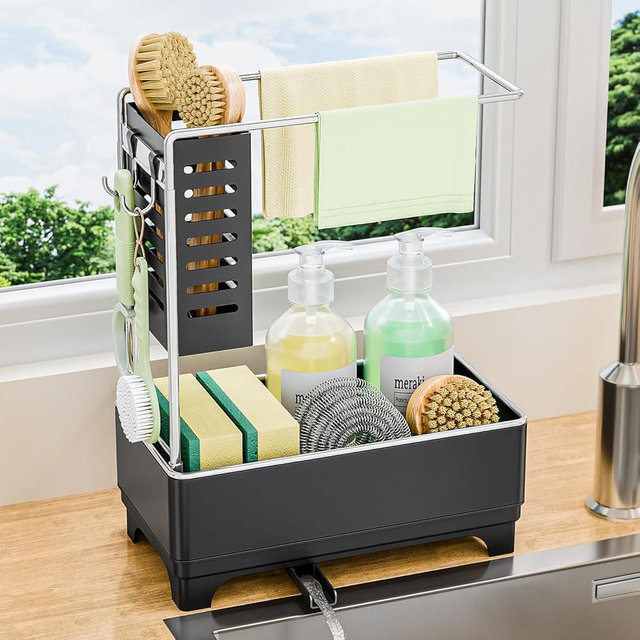 Kitchen Sink Caddy with Stainless Steel Miniature Towel Rack, Handy Sponge Holder for Kitchen Sink with Extending Drain Spout, No-Tool Assembly Space Saver for Countertop Accessories(Black)