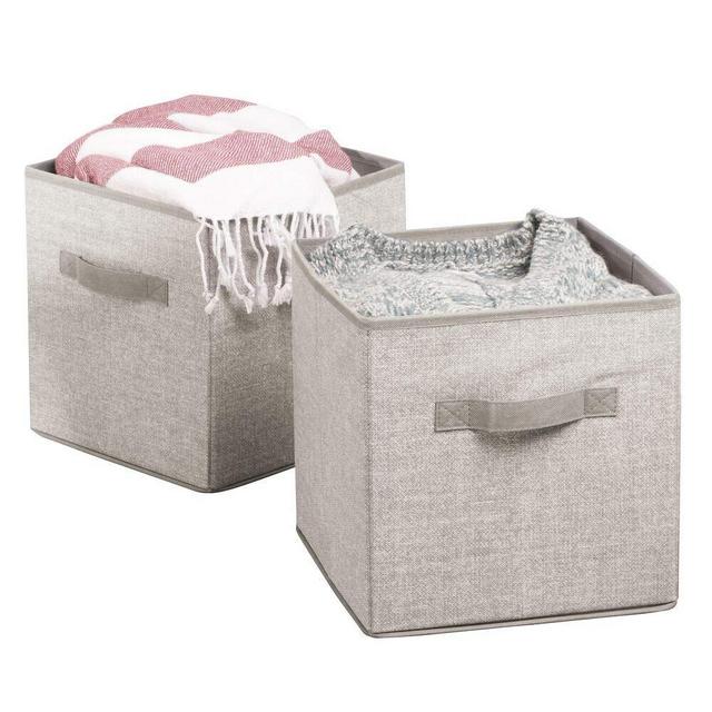 mDesign Small Soft Fabric Closet Organizer Cube Bin Box - Front Handle - Storage for Closet, Bedroom, Furniture Shelving Units - Textured Print, 11" High - 2 Pack - Linen/Tan