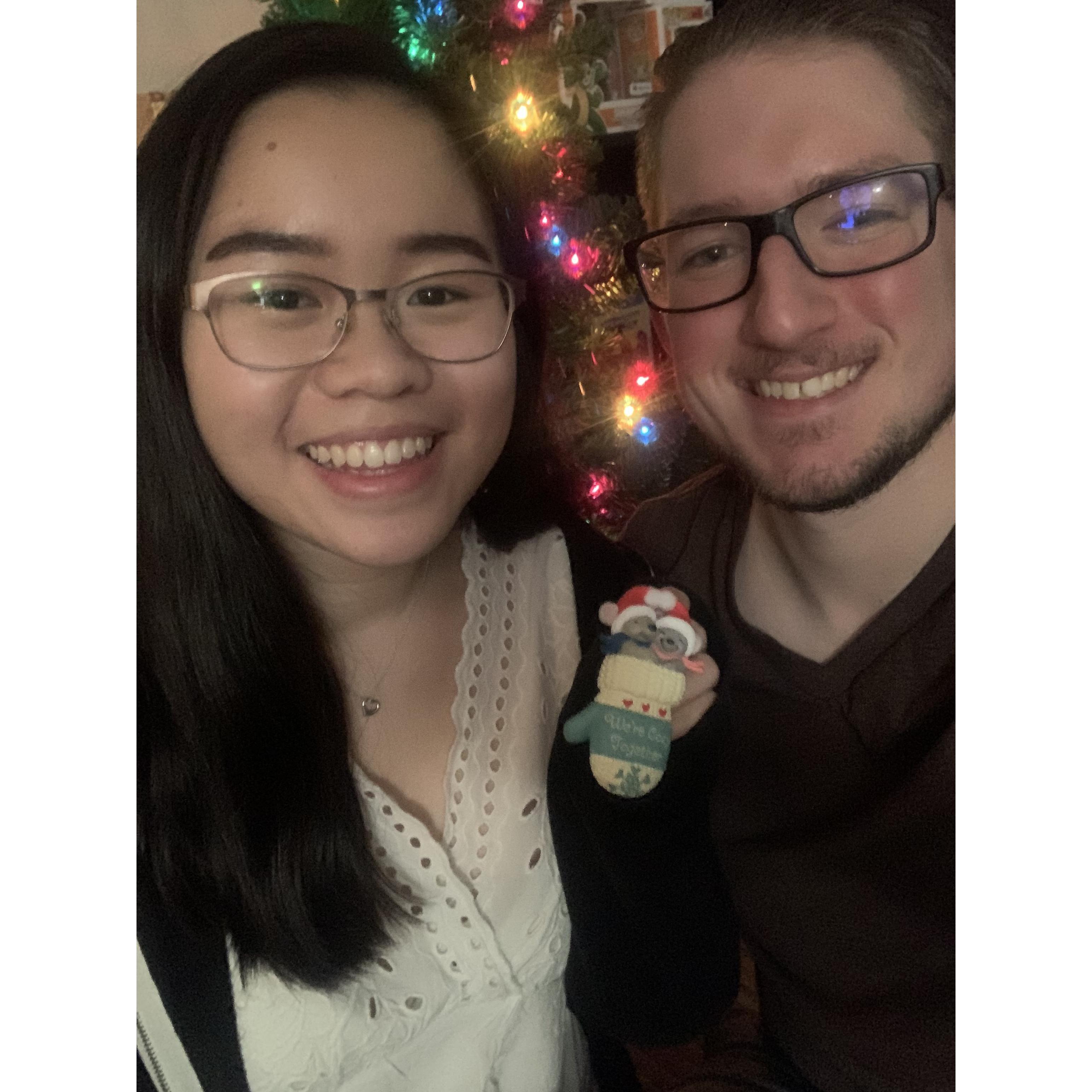 Our first Christmas together 2019. In front of our first Christmas tree, with our first Christmas ornament.