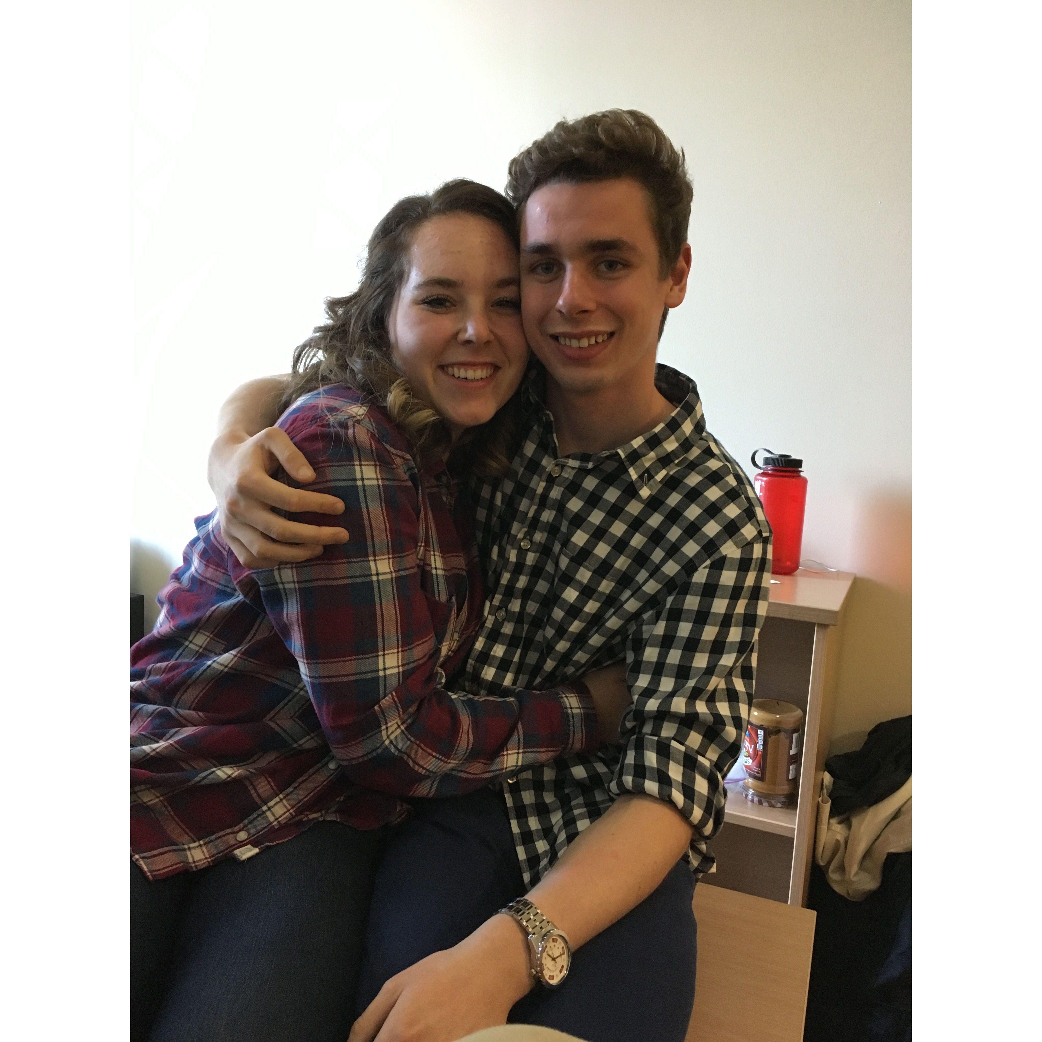 Olivia and Vince in coordinating plaid during a Fall day at American University in 2016.