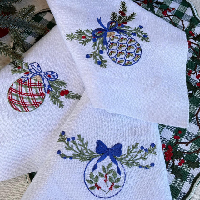 Christmas Linen Napkins - Exquisite Embroidered Christmas Table Decor - Perfect Hostess or Holiday Party Gift