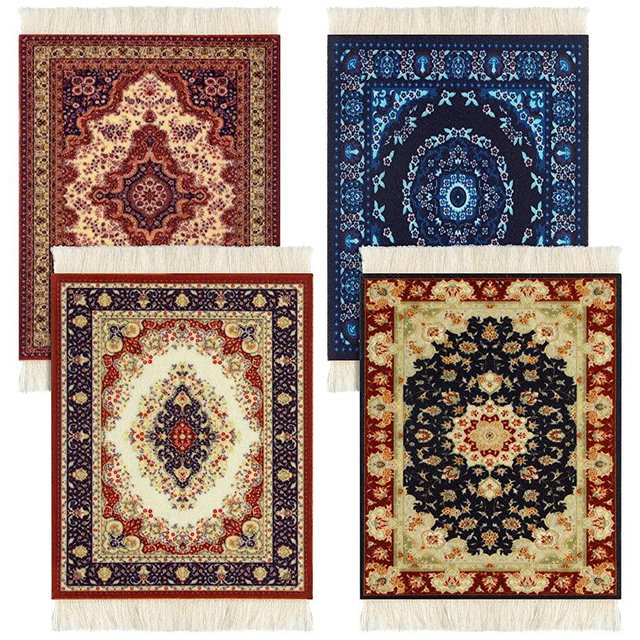 4 Pieces Rug Table Coasters Table Drink Holders Oriental Design Fabric Carpet Drink Mats Oriental Design Fabric Elegant Carpets Kitchen and Bar Mats for Home Office and More (Classic Pattern,Square)