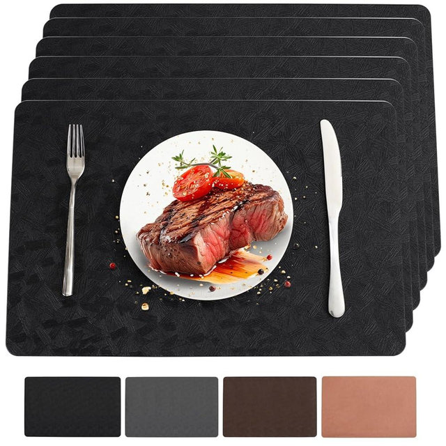Bxzandya Vinyl Placemats Set of 6 Heat Resistant Easy Clean Non-Slip Place Mats for Dining Table. Faux Leather Waterproof Stain Resistant Wipeable Washable PVC Table Mats(6, Black)