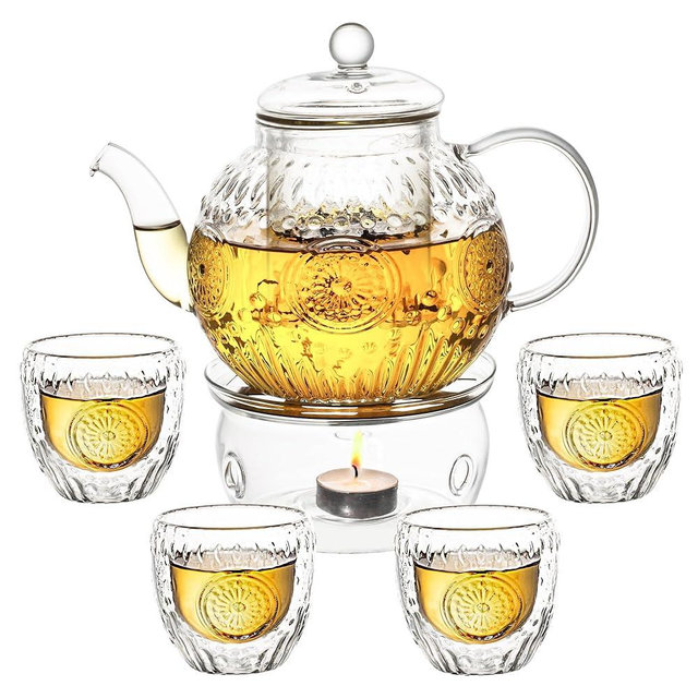 Bandesun Vintage Glass Teapot Set with 4 Cup, 32oz Borosilicate Tea Pot with Removable Infusers for Blooming and Loose Leaf Tea, Tea Warmer with Candlelight, Stovetop Safe, Gift for Women and Adults