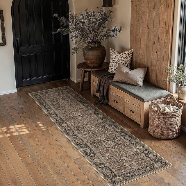 HUGEAR 2x8 Runner Rugs Machine Washable Retro Brown Hallway Entryway Rug Distressed Vintage Neutral Stain Resistant Non Slip Low Pile Throw Carpet for Home Aesthetic Decor