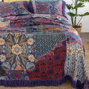 Boho Fringe Bedspread - Blue Patchwork
