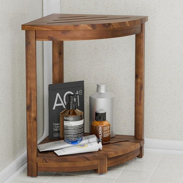 HOLANA 18" Acacia Wood Corner Shower Bench, Corner Shower Stool, Bath Stool with Lower Shelf - Wooden Shower Stool for Inside Shower - Shower Foot Rest (Walnut Color)
