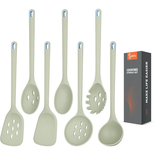 Large Silicone Utensils Set of 7 for Cooking,No Scratch for Nonstick Cookware,Pasta Server,Spaghetti Spoon,Slotted Spoon&Spatula,Solid Spoon&Spatula,Skimmer,Soup Ladle BPA Free Heat Resistant (Green)