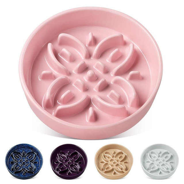 vancasso Ceramic Slow Feeder Dog Bowls, Puzzle Dog Food Bowls with Floral Maze, Anti -Slip Pet Food Dish for Medium Breed, 1.5 Cups, Pink