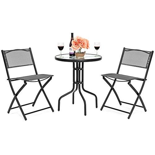 Best Choice Products 3-Piece Patio Bistro Dining Furniture Set w/Round Textured Glass Tabletop, 2 Folding Chairs - Gray