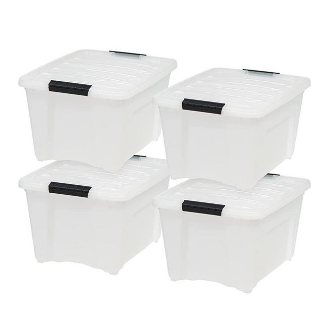 IRIS USA 32 Qt. Plastic Storage Tote, 4 Pack, Pearl, Bin Organizing Container with Durable Lid and Secure Latching Buckles, Pearl & Black