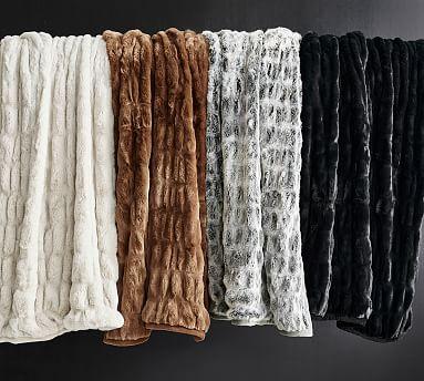 Faux Fur Ruched Throw, 60 x 80", Ivory