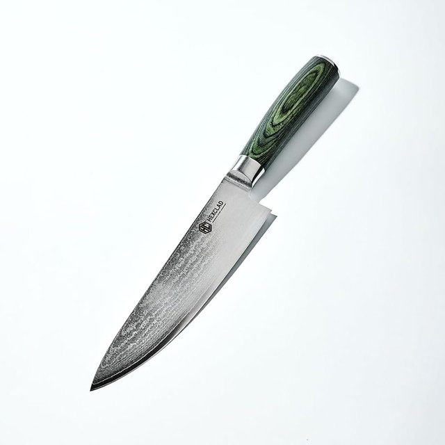 HexClad 8 Inch Japanese Damascus Stainless Steel Chefs Knife, Full Tang Construction, Pakkawood Handle