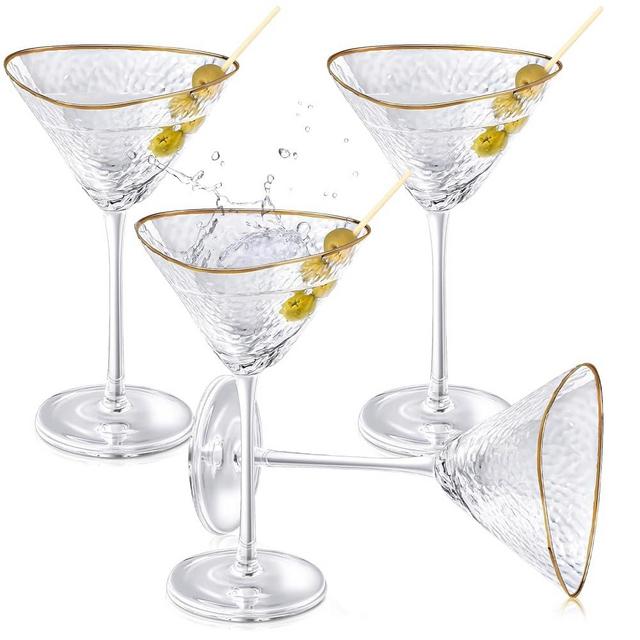 Teenyyou Gold Rim Martini Glasses Set of 4 Hammered Champagne Coupe Cocktail Margarita Glasses Stem Crystal Whiskey Tequila Glass Martini Party Gifts Decor for Girls Nights Wedding Housewarming